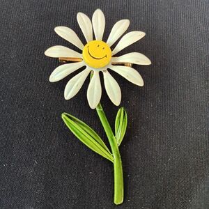 Vintage Daisy Flower Brooch With Smiley Face 3”, Cute, Spring, Colorful